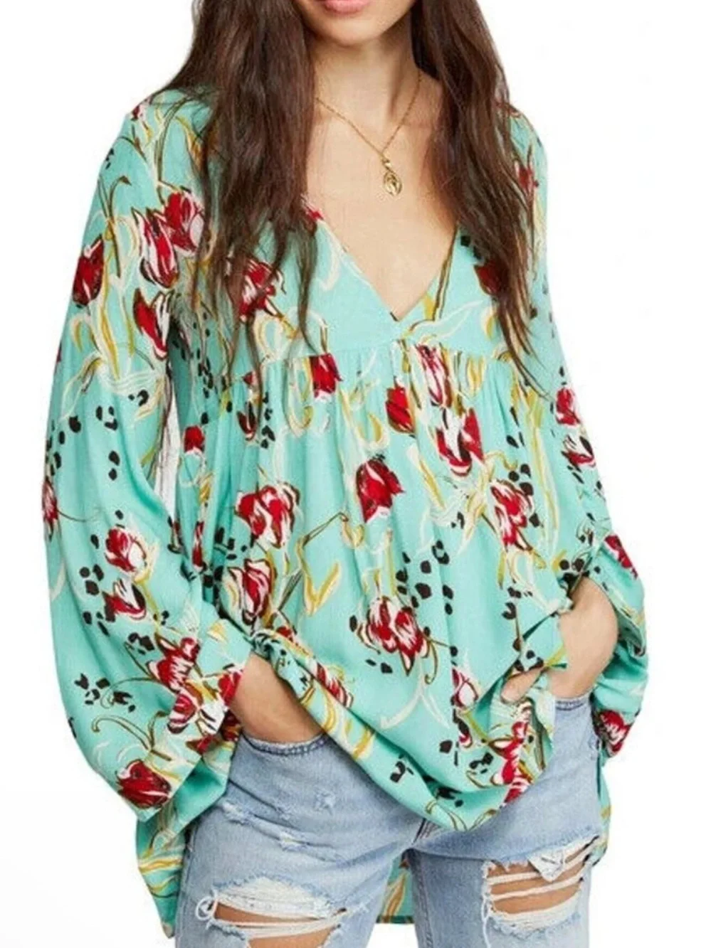 Free People Sage Bella Boho Floral V-Neck Swing Tunic Size XS